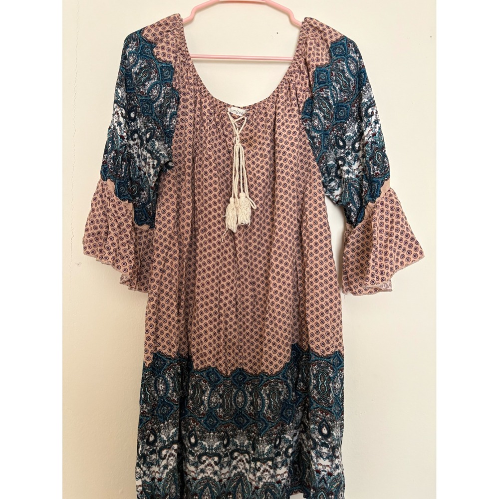 Umgee Boho Mixed Paisley Print Bell Sleeve Tassel Mini Dress Mauve Teal 1XL